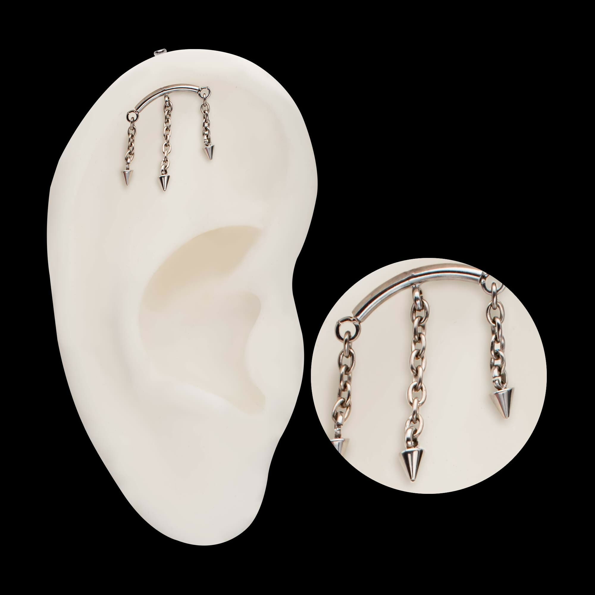 Titanium Threadless Hidden Helix Curved Bar Top with 3 Spiked Chain Dangle