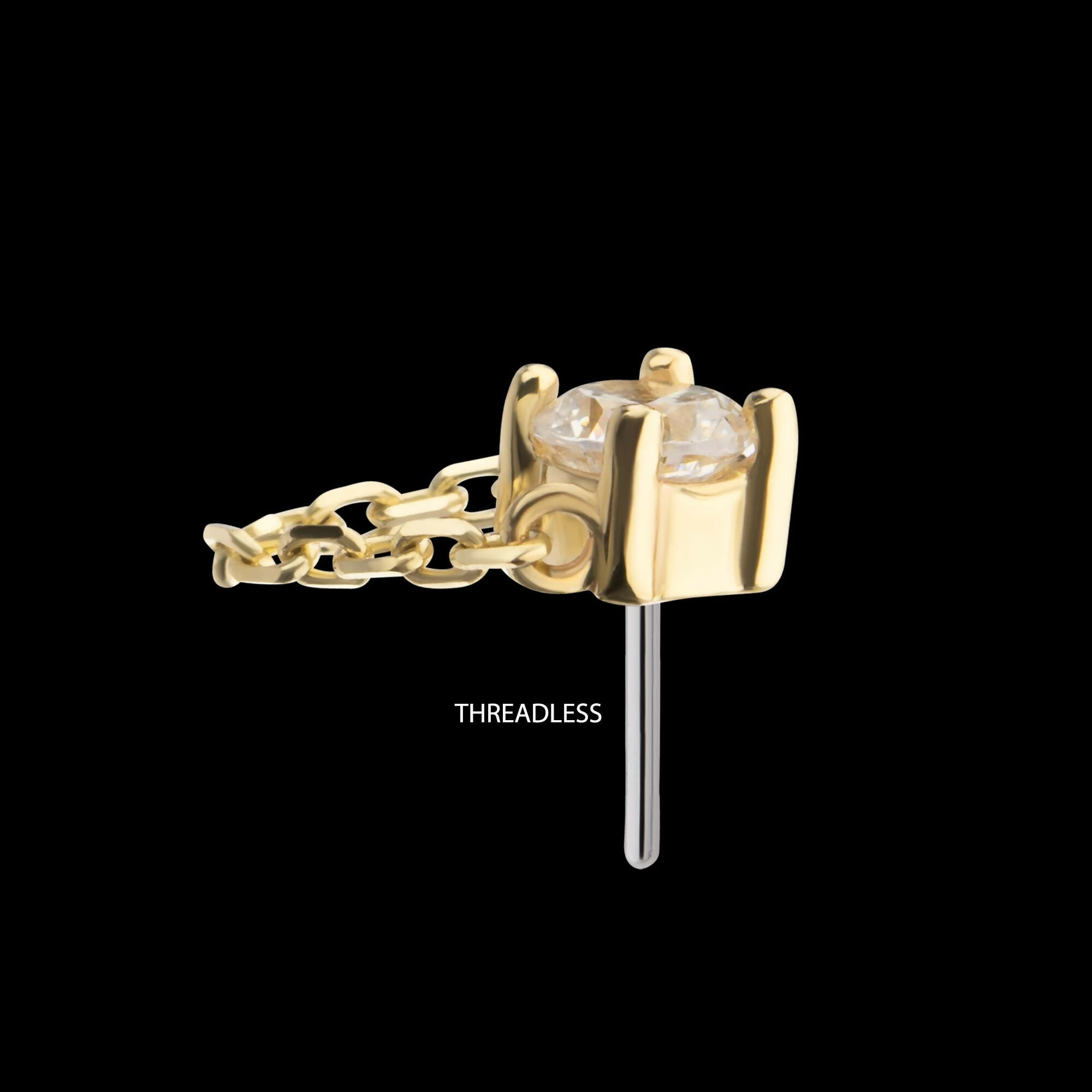 14Kt Yellow Gold Threadless 4-Prong Round Gem Top with Rolo Chain Dangle