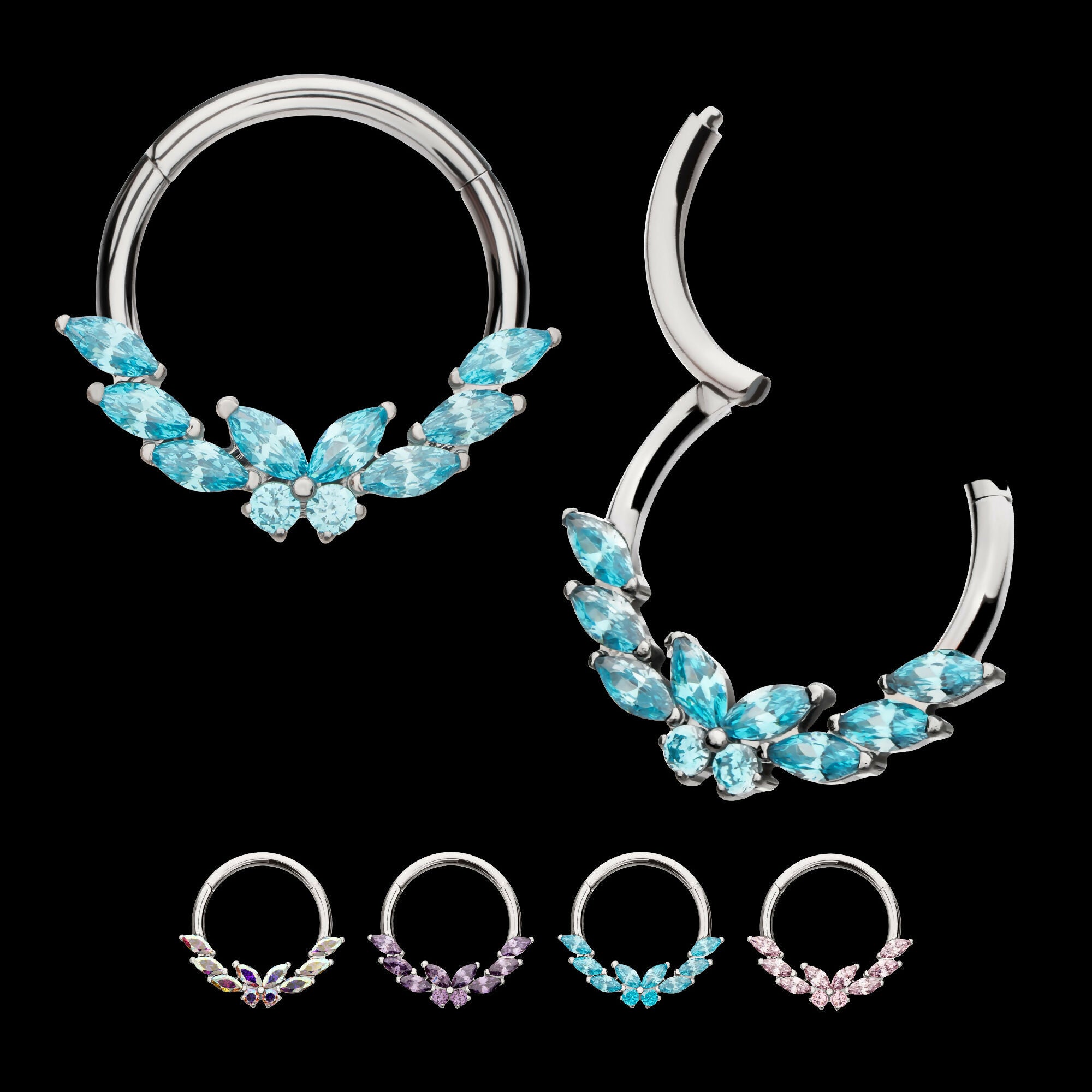 Butterfly & Marquise Gem Front Facing Hinged Segment Clicker Hoop Earring / Nosering – Titanium