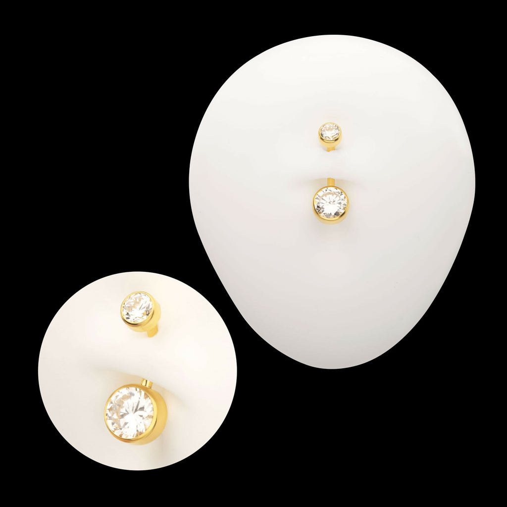 24Kt Gold PVD Titanium Internally Threaded Double Bezel Round with Smooth Rounded Back & Fixed Bottom Navel Earring / Nosering