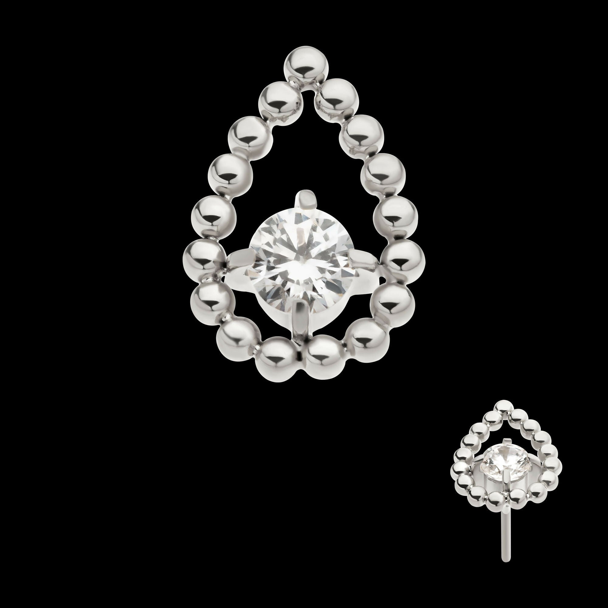 Titanium Threadless Hollow Teardrop Shape Beads with Prong Set CZ Top