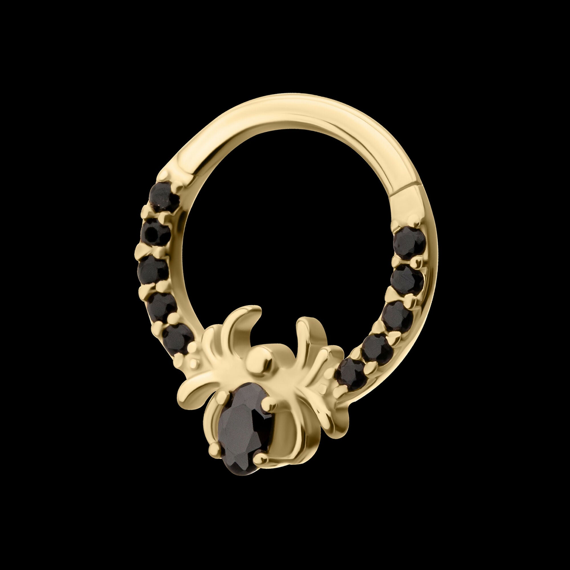 Gem Hoop with Prong Set Black Gem Spider Front Facing Hinged Segment Clicker Earring / Nosering – 14Kt Gold