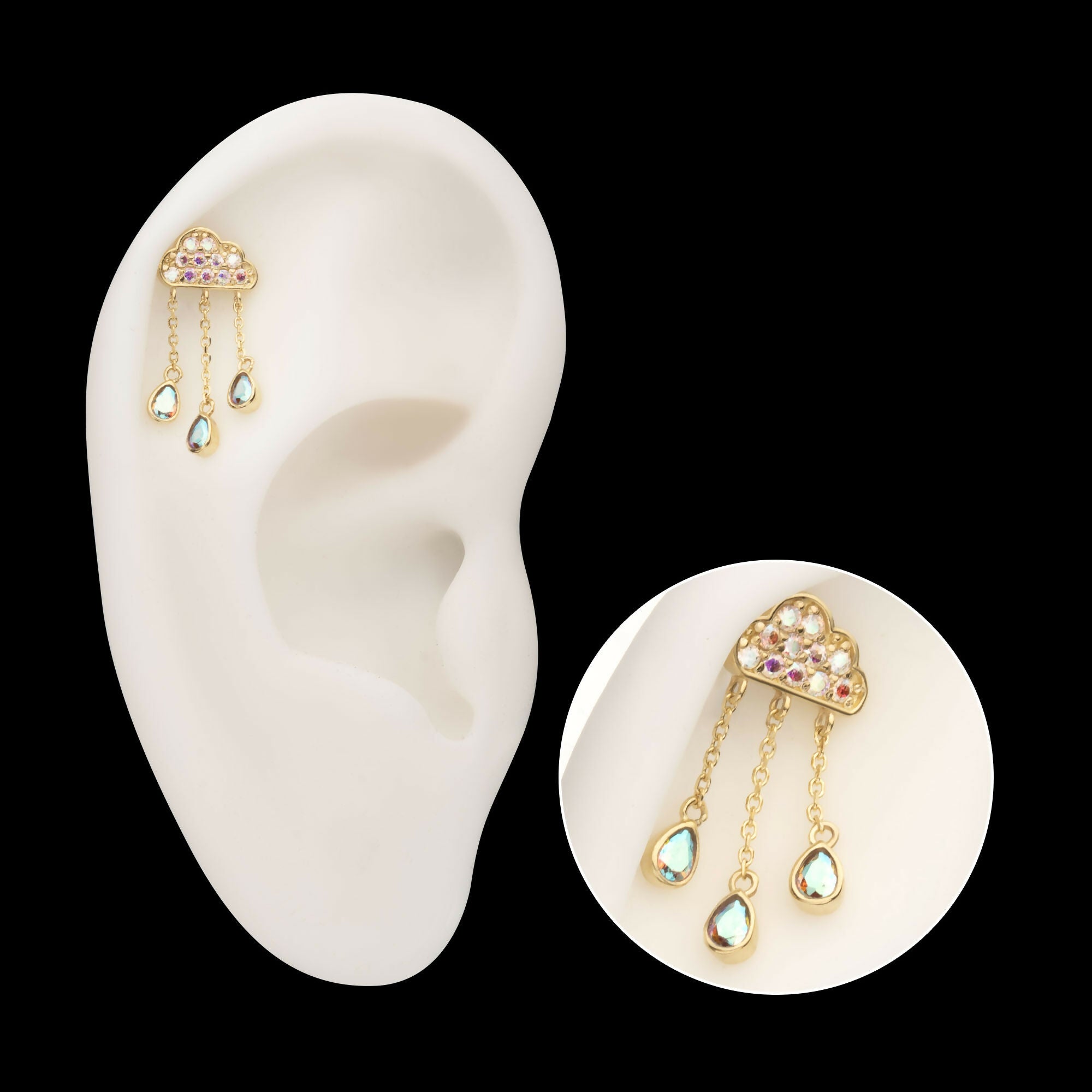 14Kt Yellow Gold Threadless Pave Round Gem Cloud Top with Bezel Pear Trio Dangle