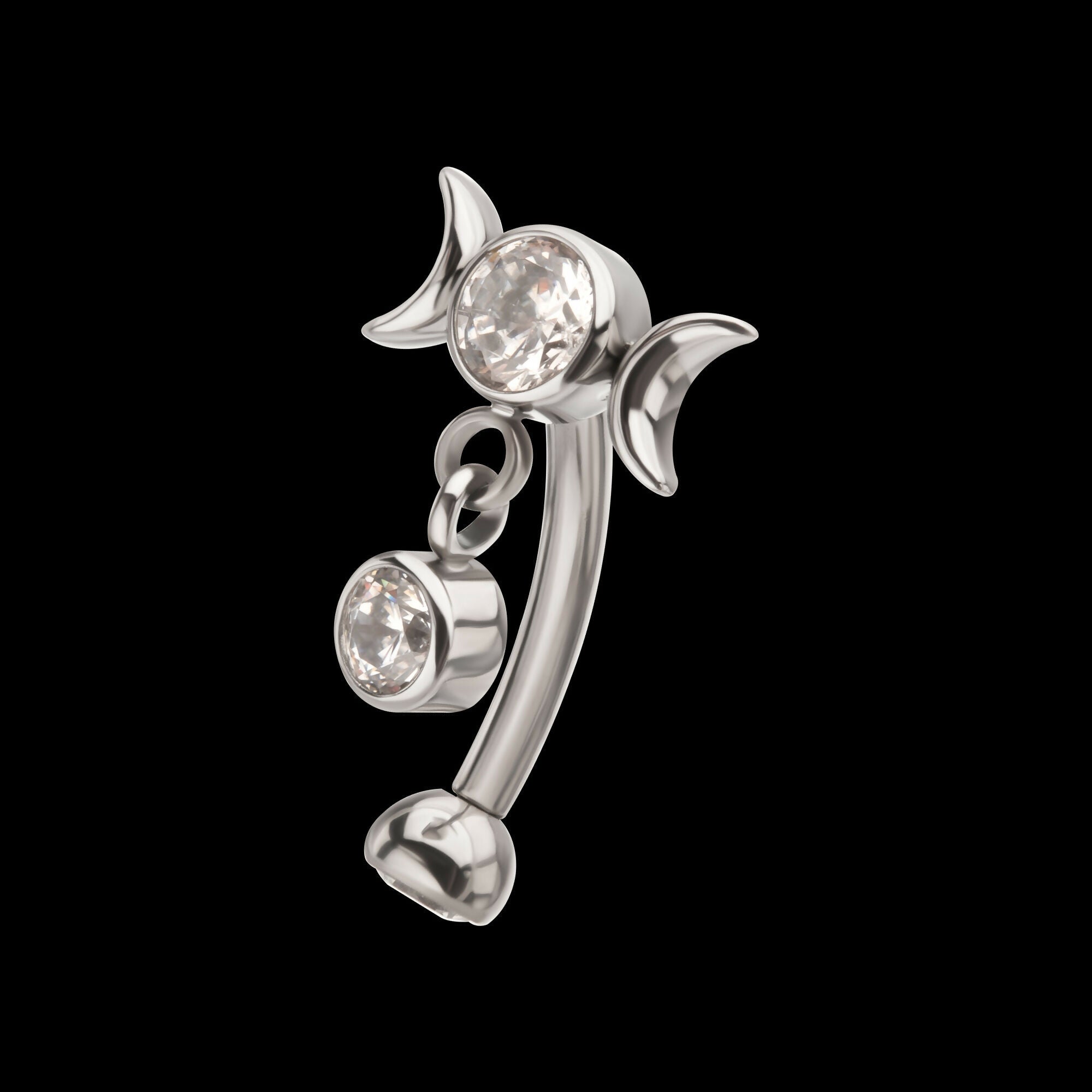 Internally Threaded Gem Triple Moon Phase Fixed Top Curved Barbell with Floating Bezel CZ Dangle Earring / Nosering – Titanium