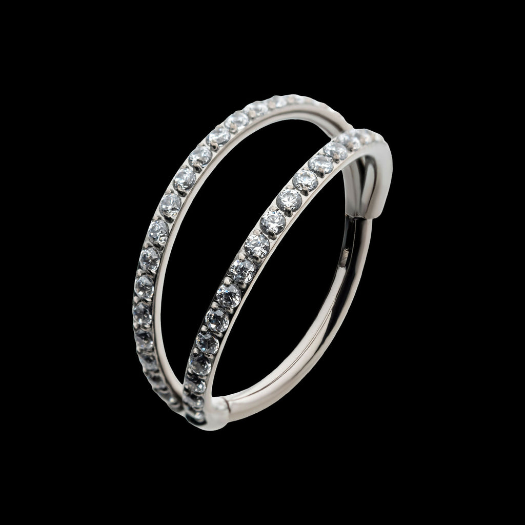 Double Hoop with CNC Set 1mm Eternity Gem Side Facing Hinged Segment Clicker Earring / Nosering – Titanium