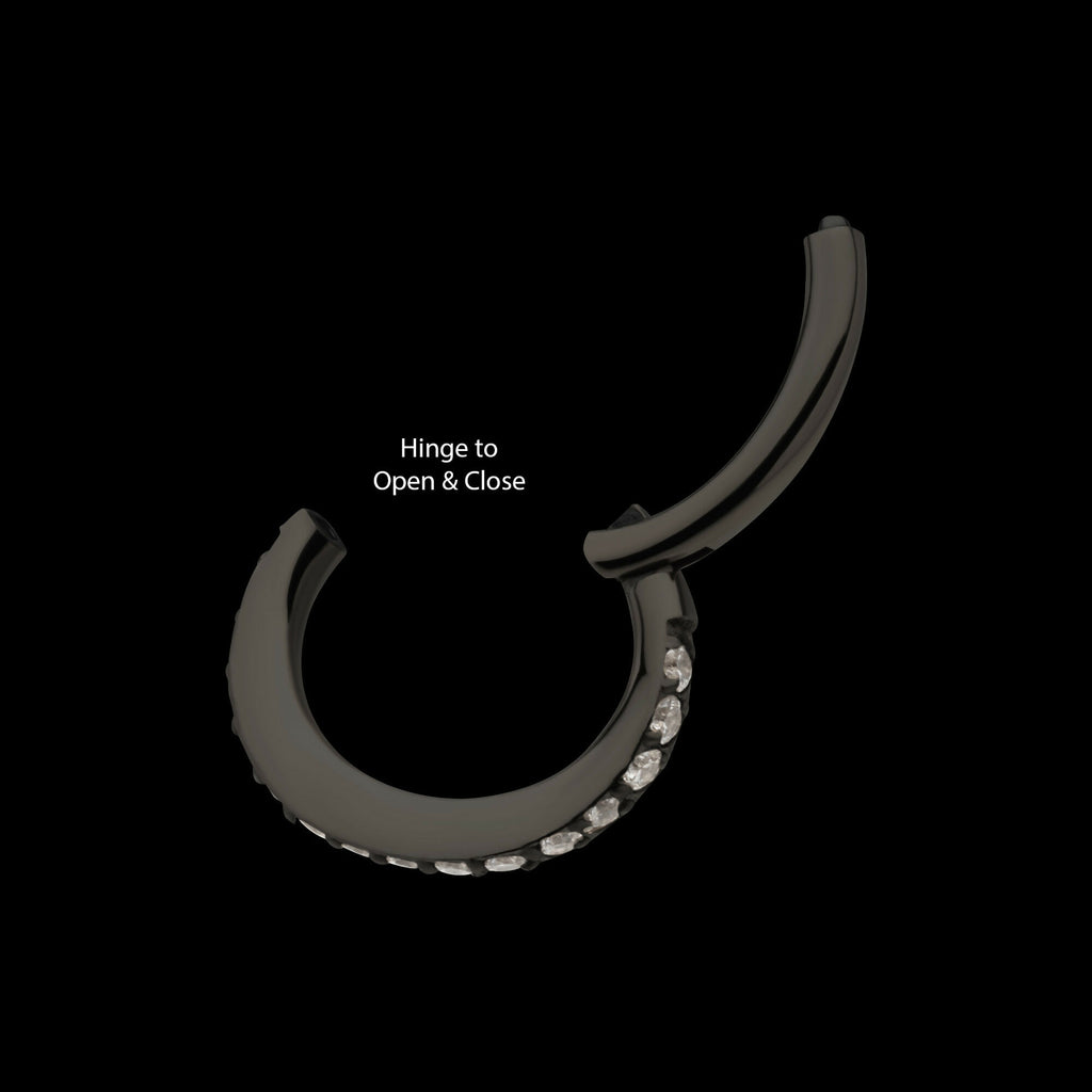Black PVD Titanium Oval Shape with CNC Set Full Clear CZ Hinged Segment Clicker Hoop Earring / Nosering