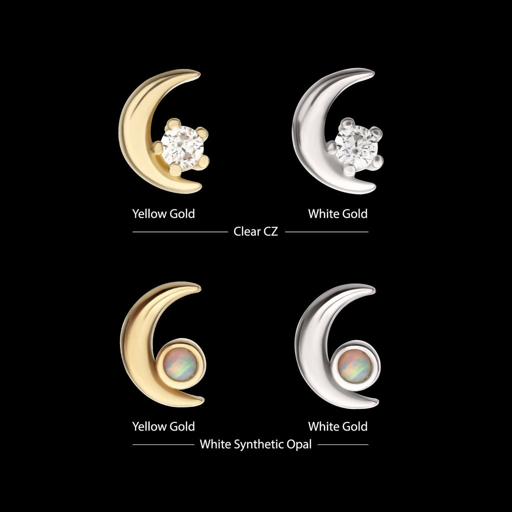 14Kt Gold Threadless Crescent Moon with Round Gem/Opal Top