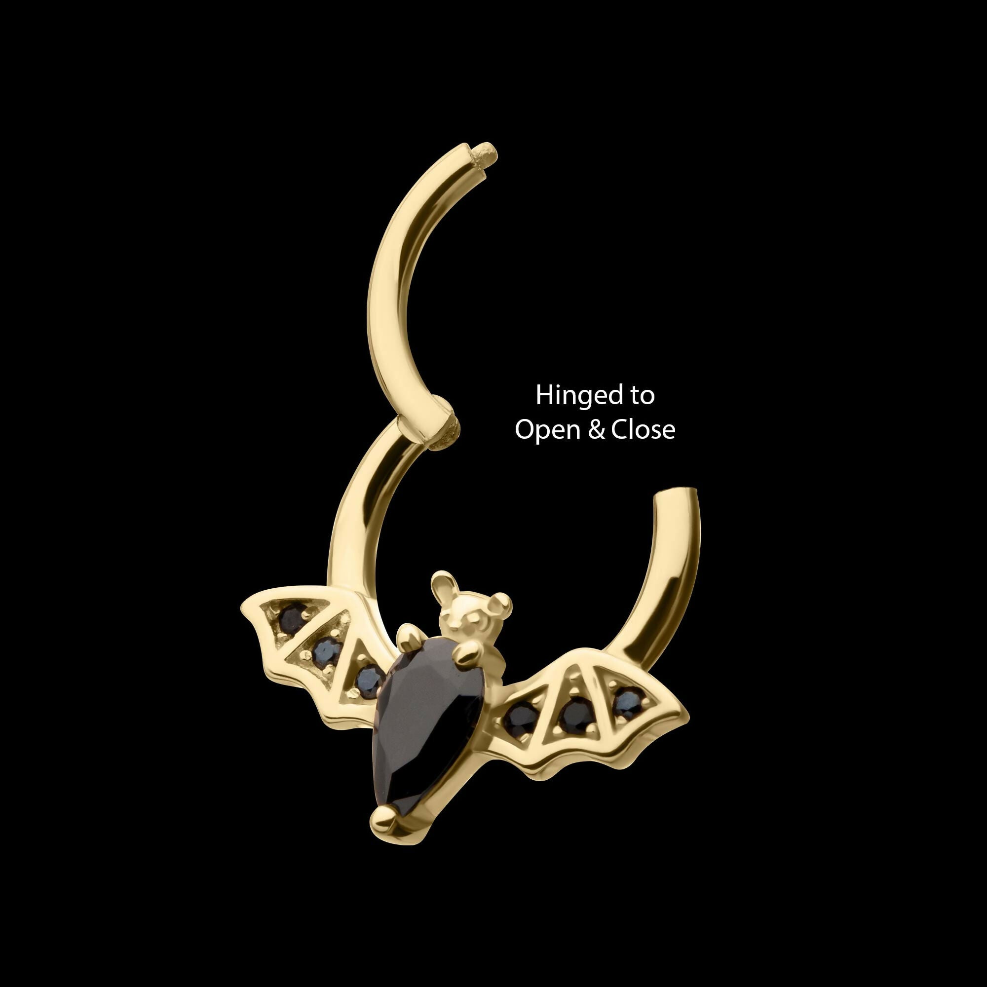 14Kt Gold Flying Bat with Prong Set Black Gem Front Facing Hinged Segment Clicker