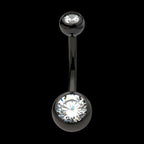 Black PVD Titanium Internally Threaded Bezel Set Double CZ Fixed Bottom Navel Ring Earring / Nosering