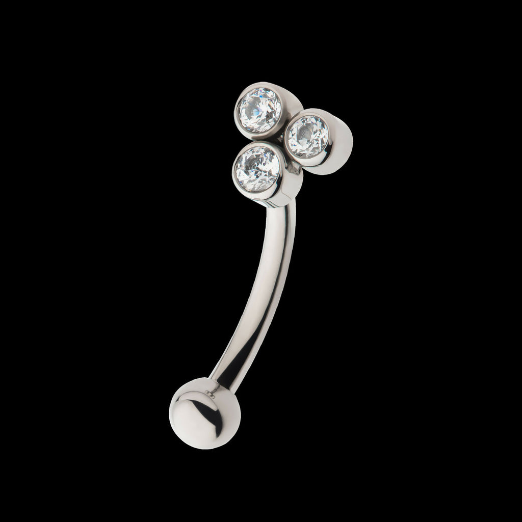 Internally Threaded Bezel Round CZ Trinity Fixed Top Curved Barbell Earring / Nosering – Titanium