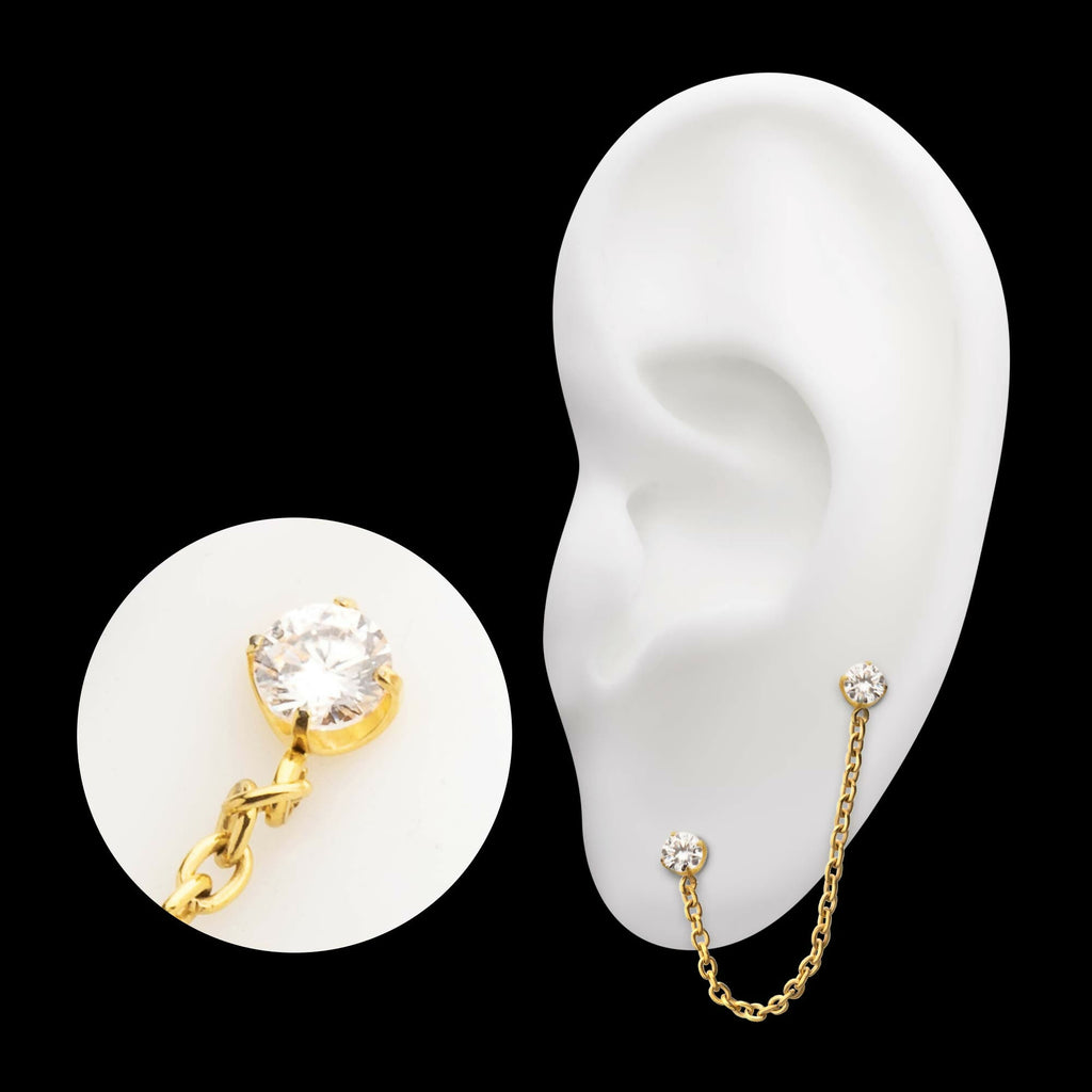 24Kt Gold PVD Titanium Threadless Double Prong Set Gem Top with Rolo Chain Dangle