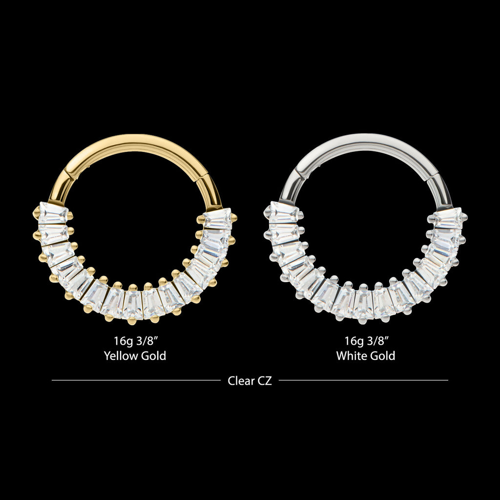 Prong Set Baguette Gem Cluster Front Facing Hinged Segment Clicker Hoop Earring / Nosering – 14kt Gold