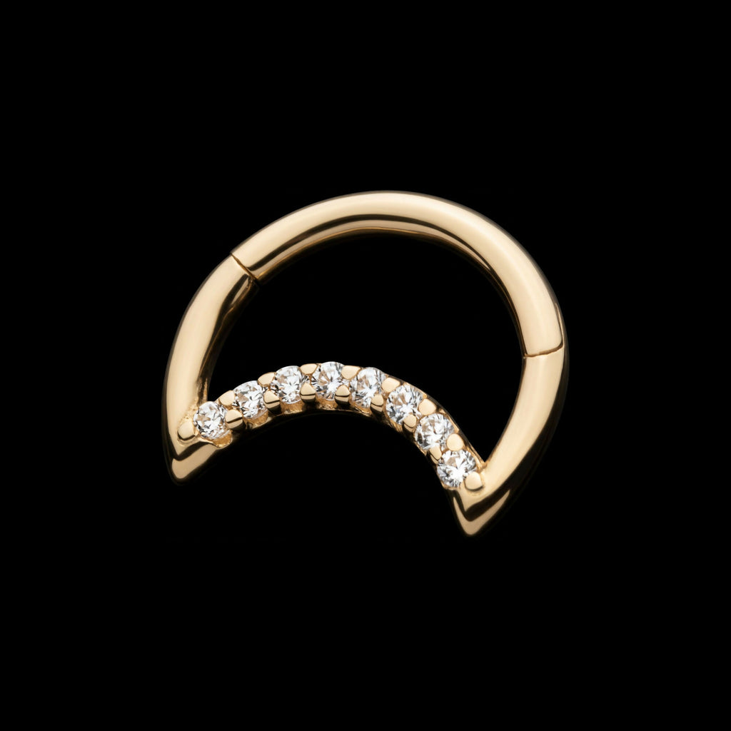 Prong Set 8 Round CZ Cluster Crescent Moon Shape Front Facing Hinged Segment Clicker Hoop Earring / Nosering – 14Kt Yellow Gold