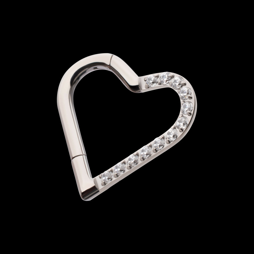 CNC Set Gem Heart Front Facing Hinged Segment Clicker (For Left Ear) Hoop Earring / Nosering – Titanium