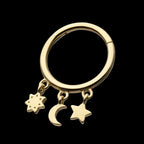 Stars & Moon Dangle Charm Hinged Segment Clicker Hoop Earring / Nosering – 14Kt Yellow Gold
