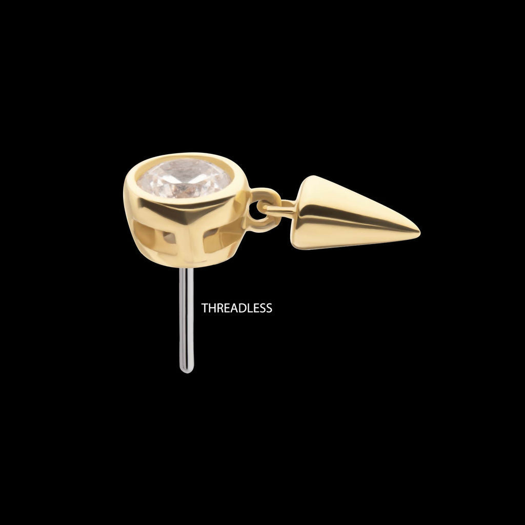 14Kt Gold Threadless Bezel Round Gem Top with Spike Dangle