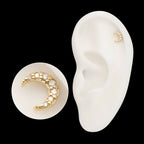 14Kt Yellow Gold Threadless Pave Set Round Gem Crescent Moon Top