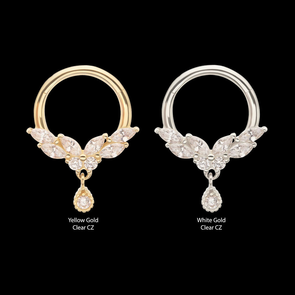 14Kt Gold Marquise Cluster Butterfly with Gem Dangle Front Facing Hinged Segment Clicker