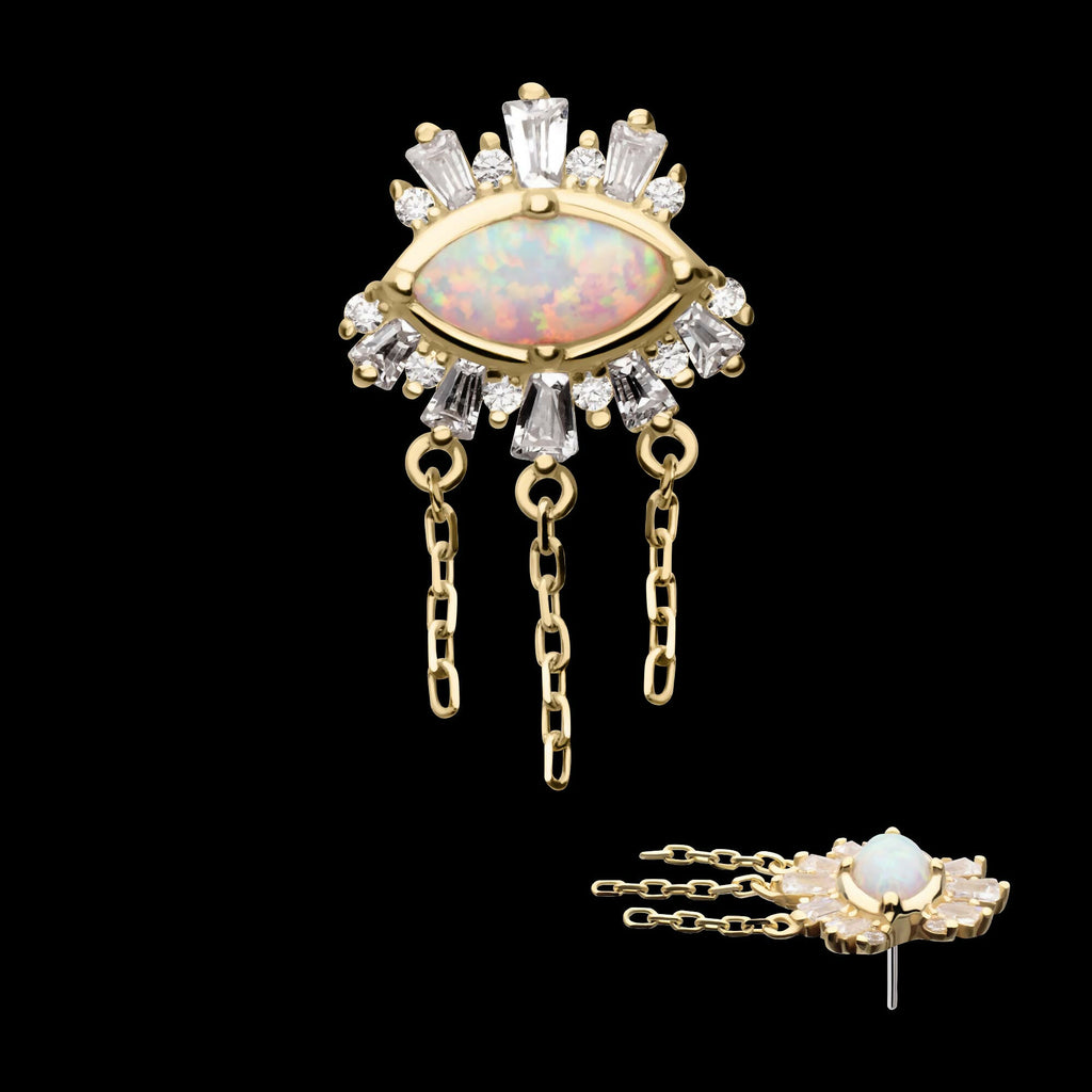 14Kt Yellow Gold Threadless Prong Set Baguette, Round Gem and Opal Evil Eye Top with Triple Dangle Chain