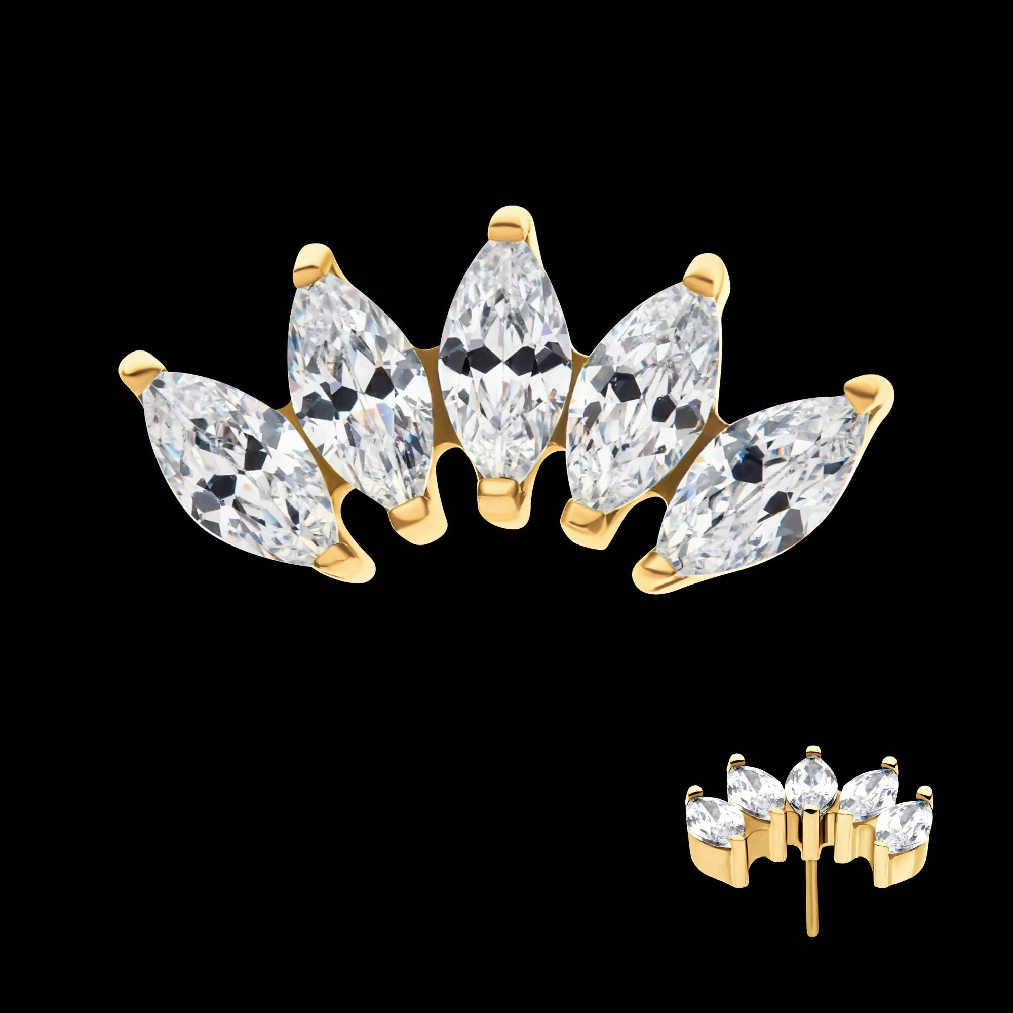 24Kt Gold PVD Titanium Threadless with Prong Set Marquise CZ 5-Cluster Top