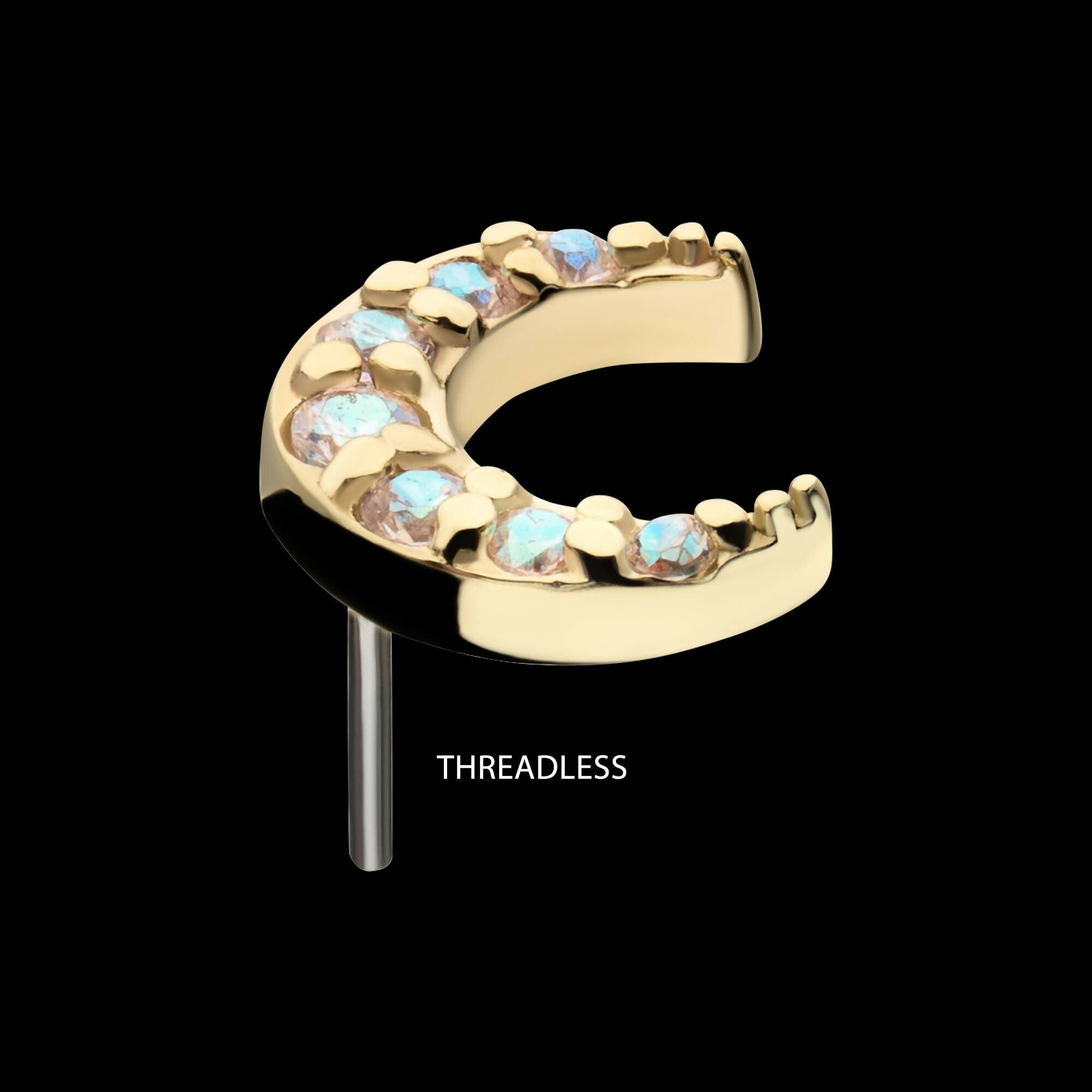 14Kt Yellow Gold Threadless Pave Set Round Gem Crescent Moon Top