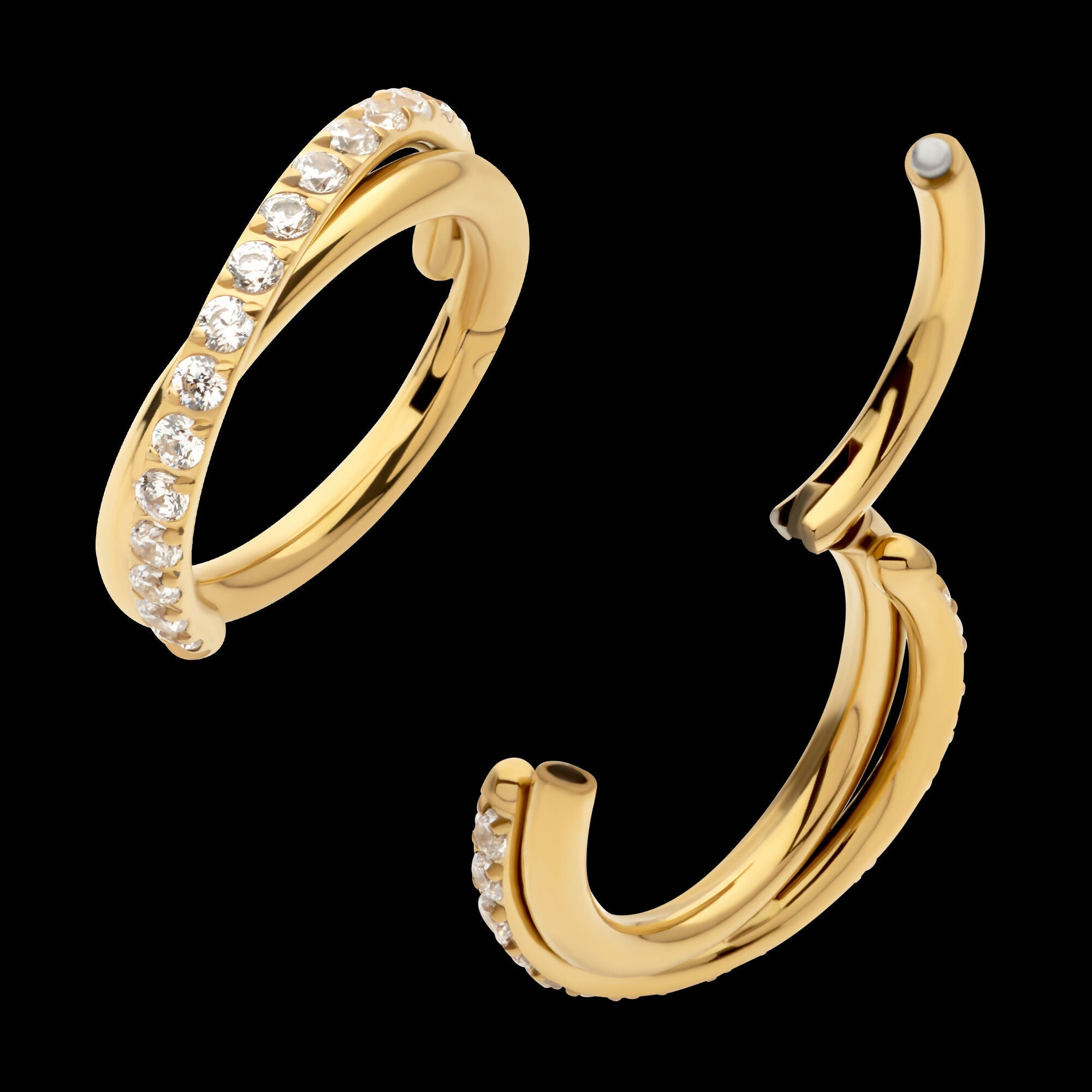 24Kt Gold PVD Titanium Double Hoop Side Facing Hinged Segment Clicker with CNC Set Round CZ Earring / Nosering