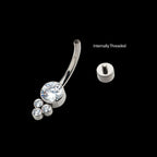 Internally Threaded with 3 Bezel Set Round Clear CZ Cluster Fixed Navel Jewelry / Belly Button Ring – Titanium