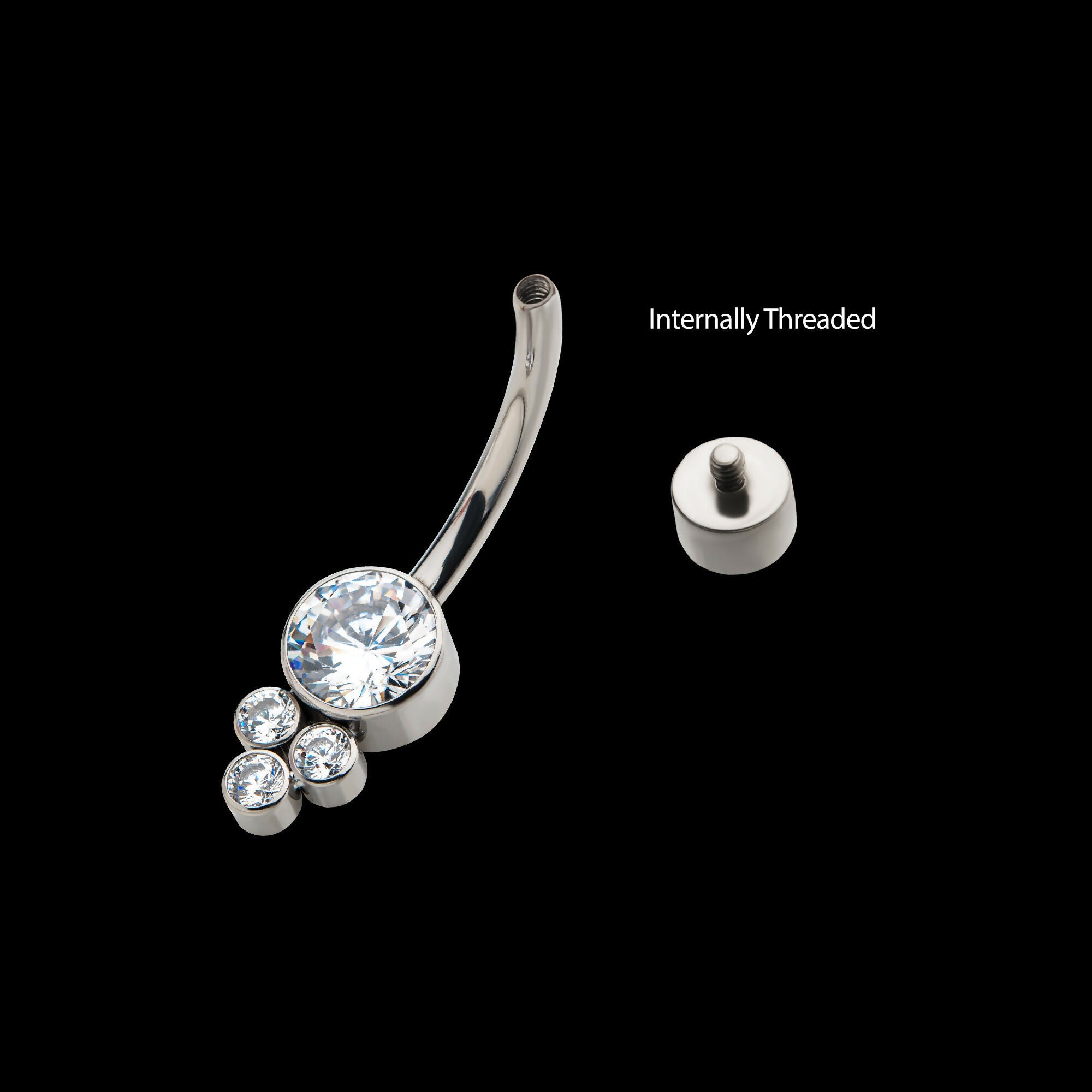 Internally Threaded with 3 Bezel Set Round Clear CZ Cluster Fixed Navel Jewelry / Belly Button Ring – Titanium