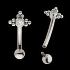 Internally Threaded with Tri Beads Set & Bezel Set Clear AAA CZ Fixed Top Curved Barbell Earring / Nosering – Titanium