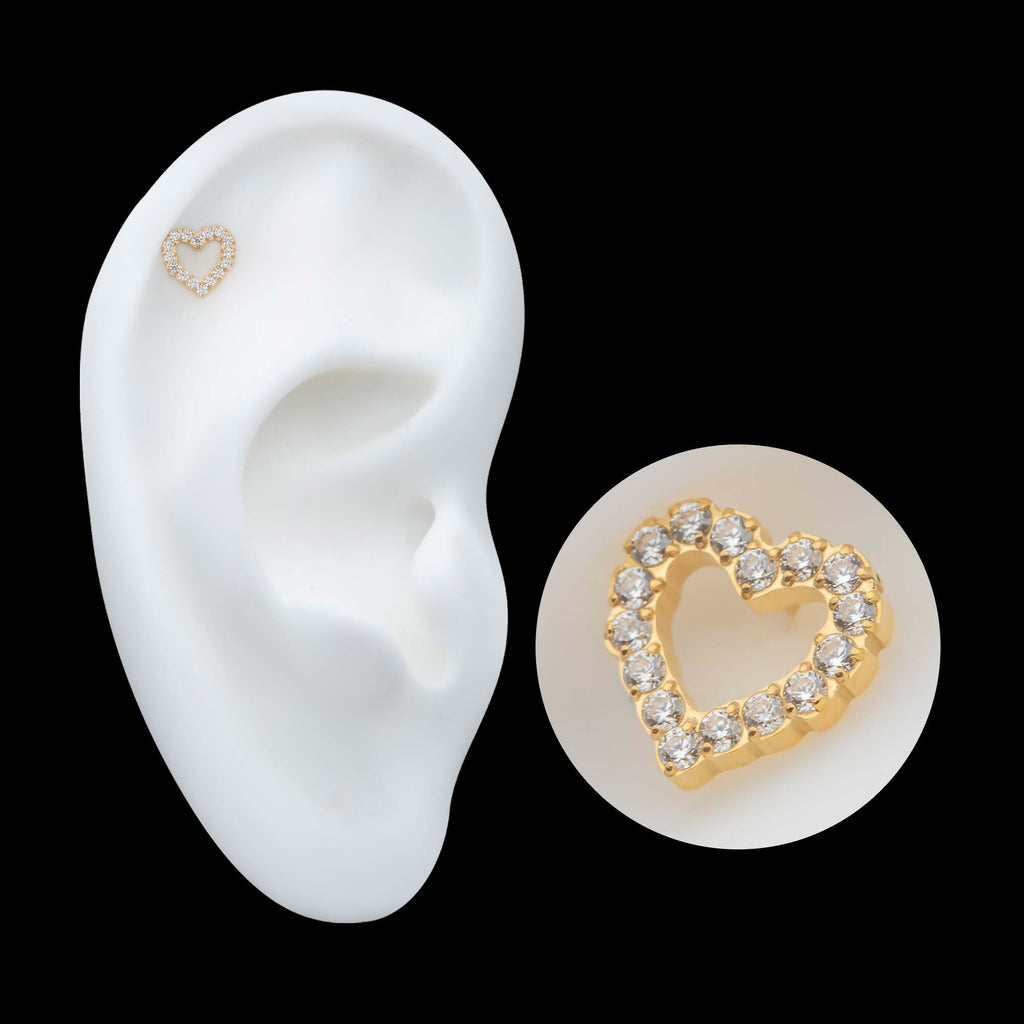 24Kt Gold PVD Titanium Threadless Pave Set Gem Hollow Heart Top