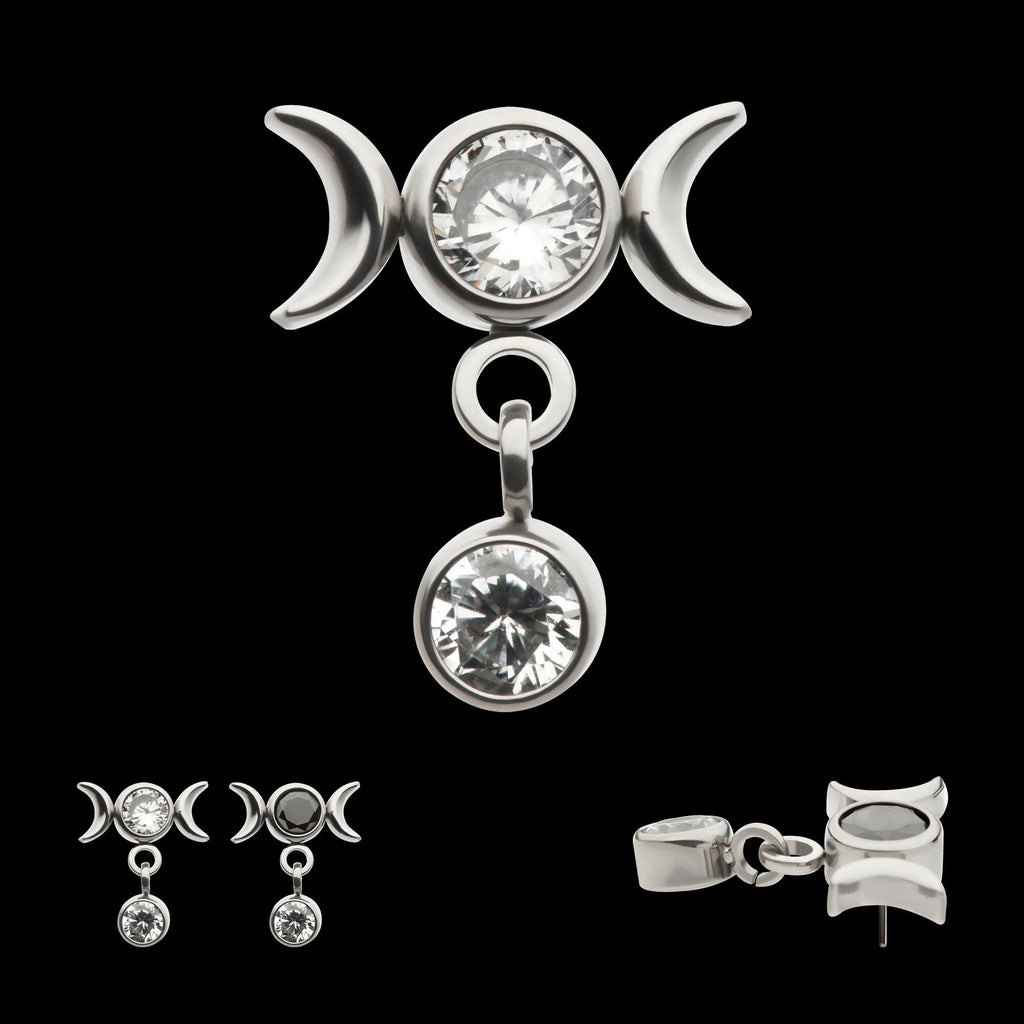 Titanium Threadless Dangle Bezel Round CZ Triple Moon Phase Gem Top