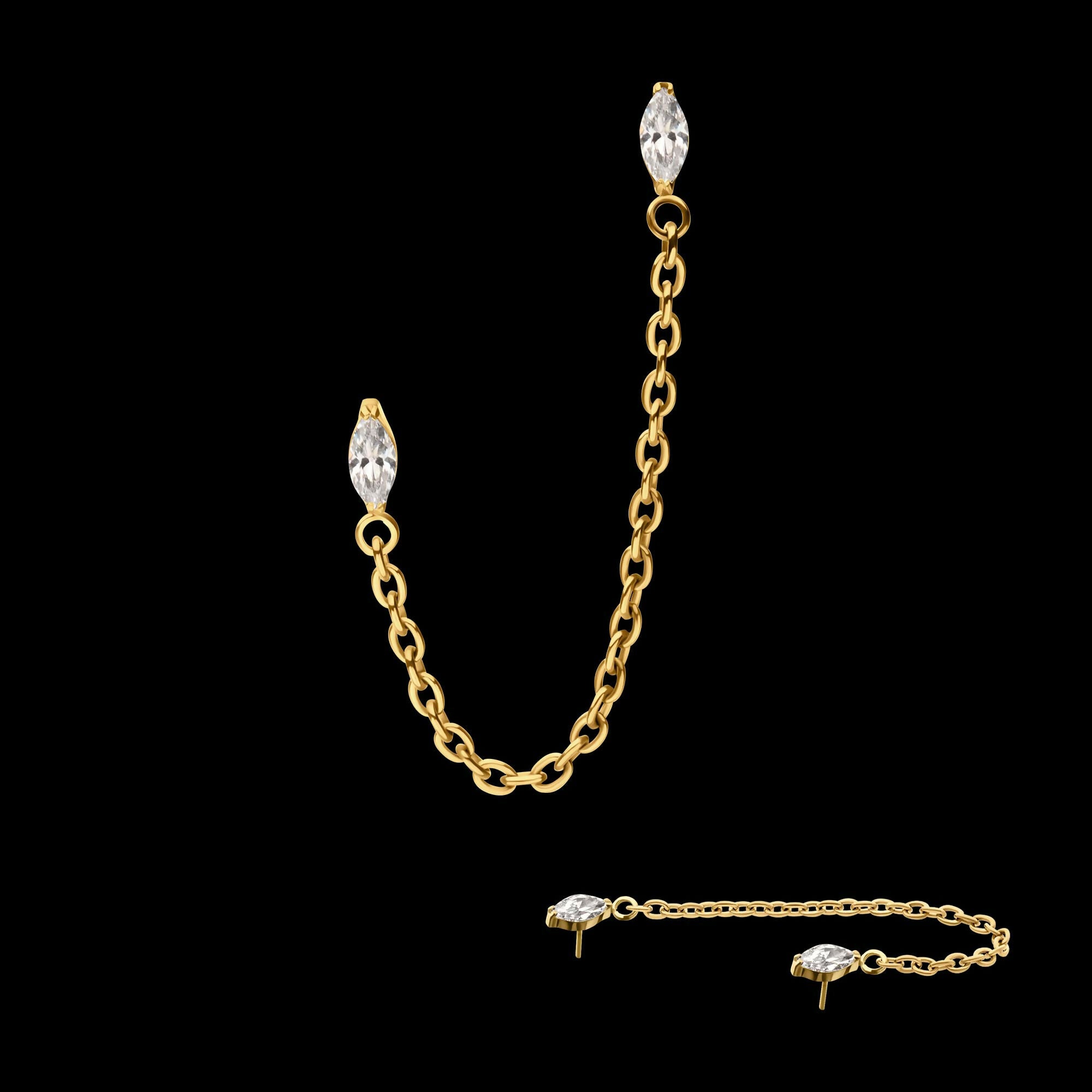 24Kt Gold PVD Titanium Threadless Double Prong Set Marquise Gem Top with Rolo Chain Dangle