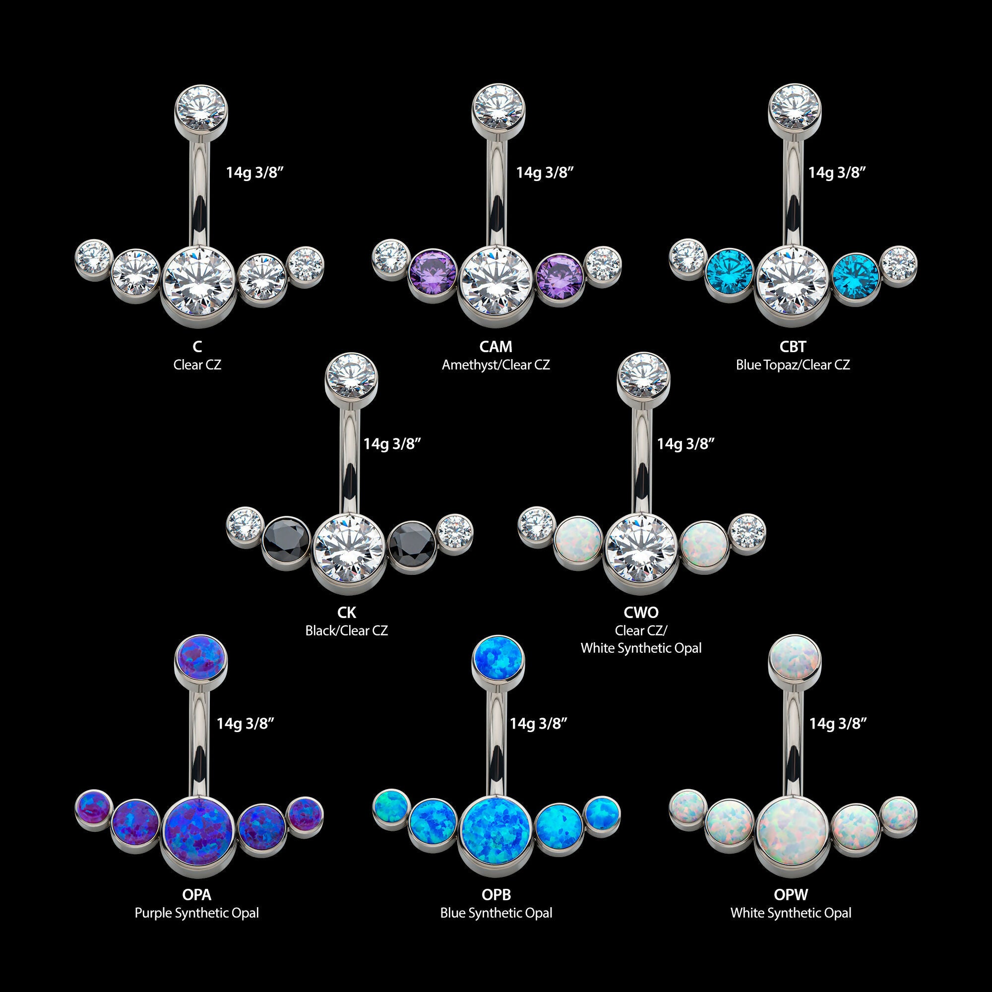 Internally Threaded with 5 Bezel Set CZ/Synthetic Opal Cluster Fixed Navel Earring / Nosering – Titanium