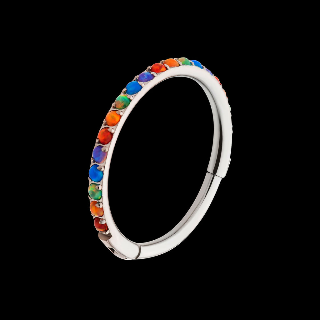 1mm CNC Set Rainbow Opal Eternity Gem Titanium Side Facing Hinged Segment Clicker Hoop Earring / Nosering