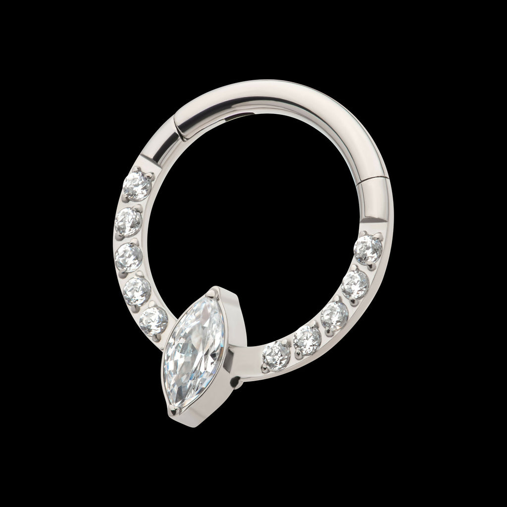 1mm CNC Set Full Clear CZ & Big Marquise CZ Front Facing Hinged Segment Clicker Hoop Earring / Nosering – Titanium