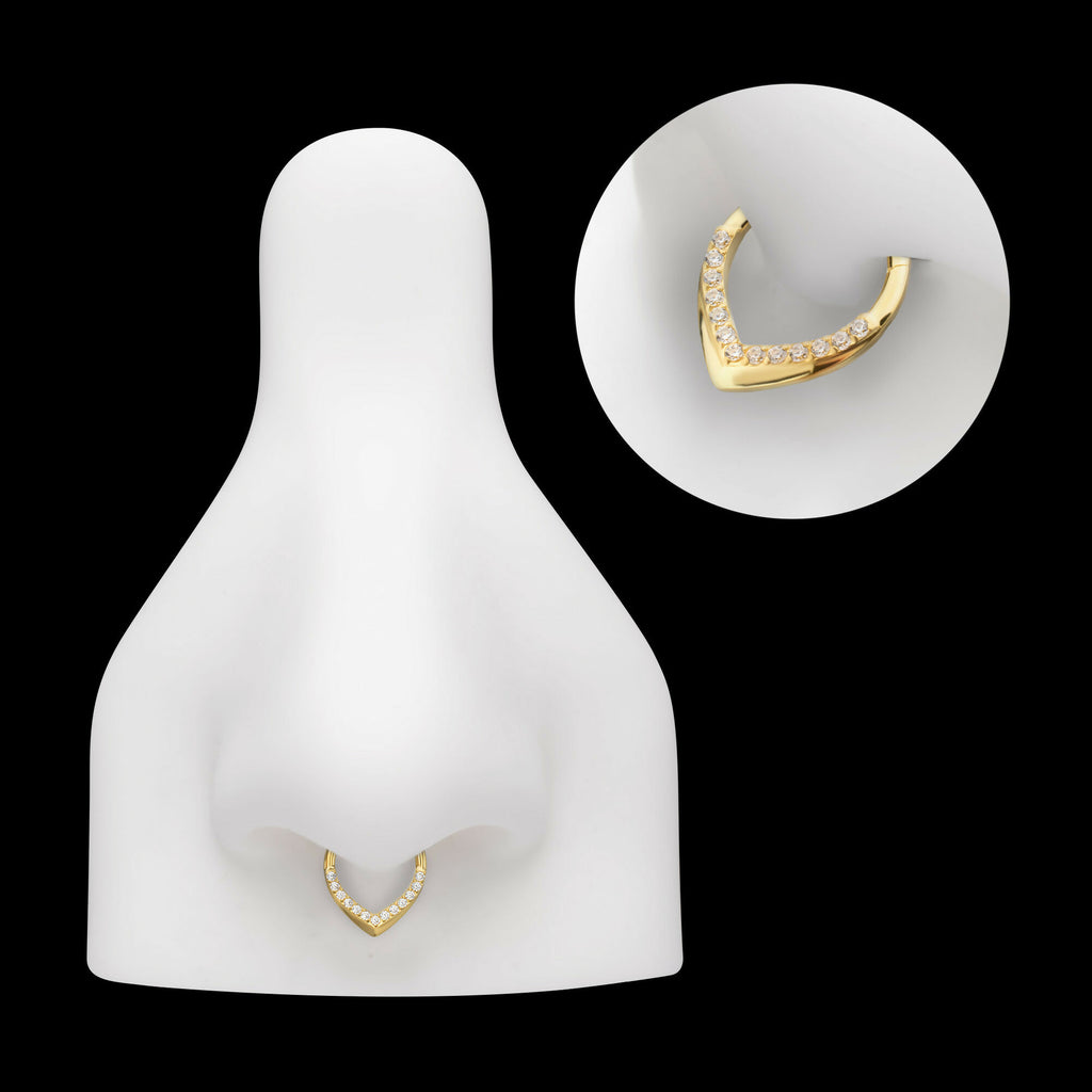 24Kt Gold PVD Titanium Pave Gem V-Shape Front Facing Hinged Segment Clicker Hoop Earring / Nosering