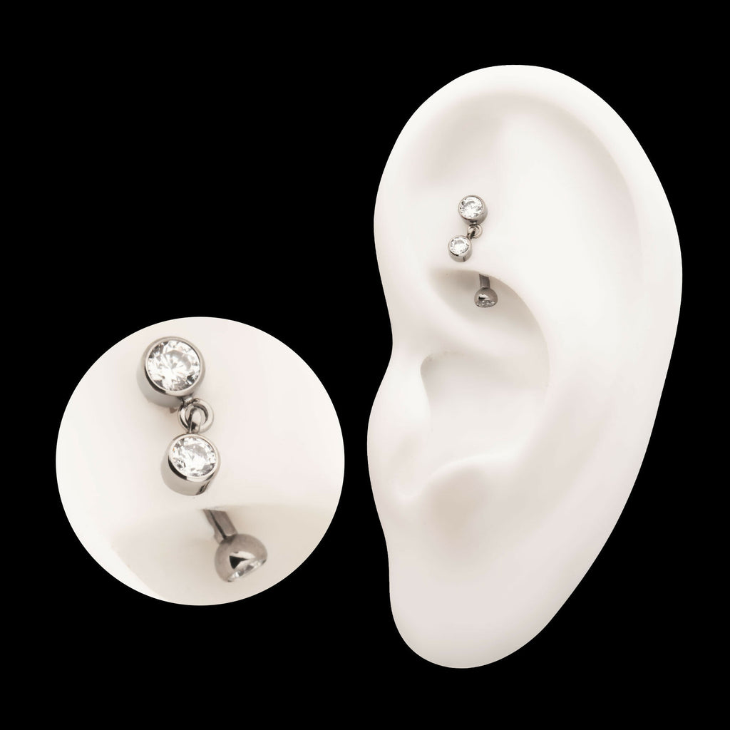 Internally Threaded Bezel Gem Fixed Top Curved Barbell with Floating Round CZ Dangle Earring / Nosering – Titanium