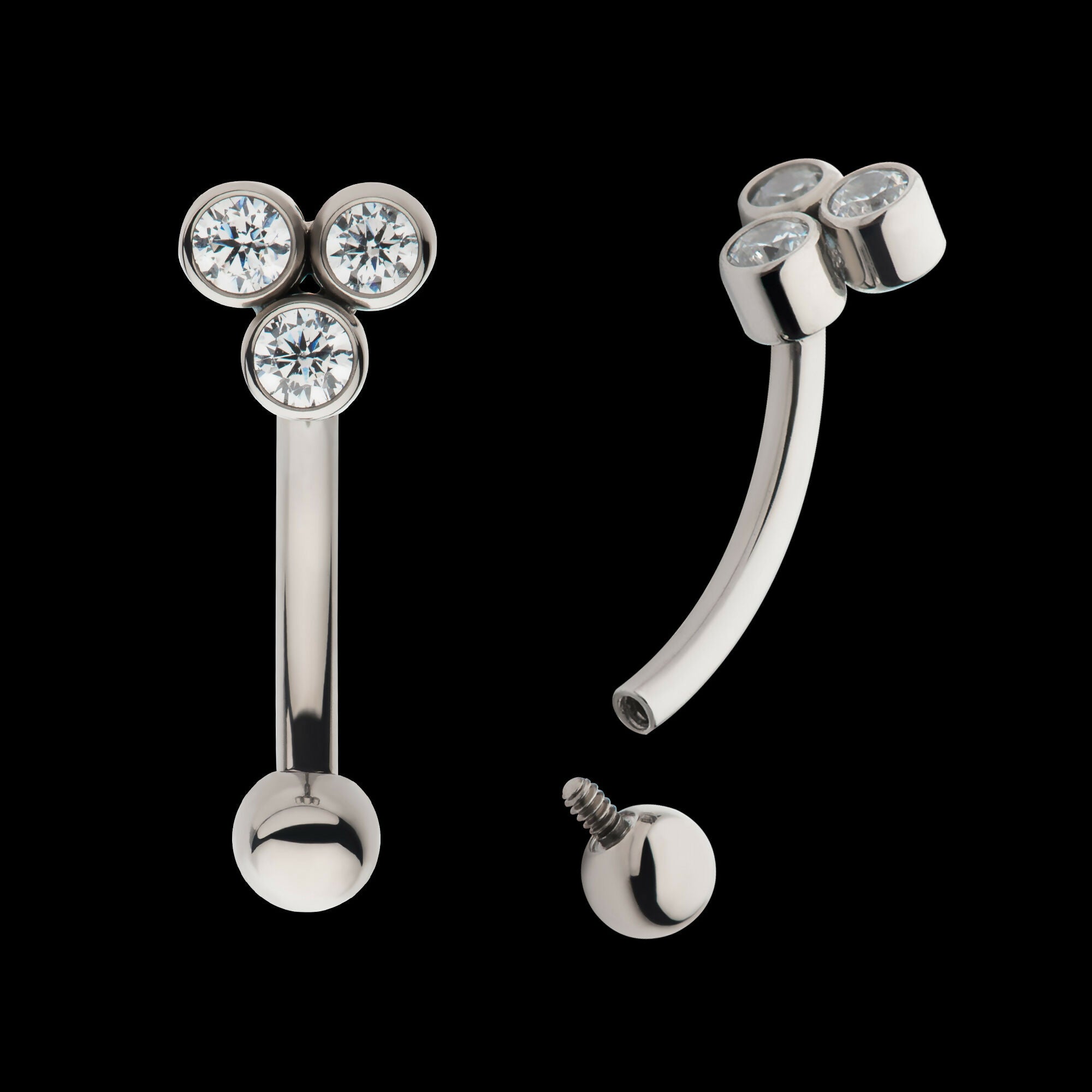 Internally Threaded Bezel Round CZ Trinity Fixed Top Curved Barbell Earring / Nosering – Titanium