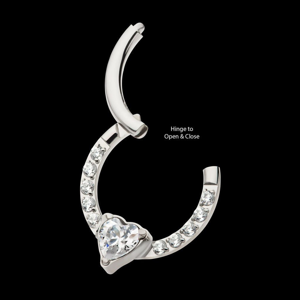 1mm CNC Set Full Clear CZ & Big Heart CZ Front Facing Hinged Segment Clicker Hoop Earring / Nosering – Titanium