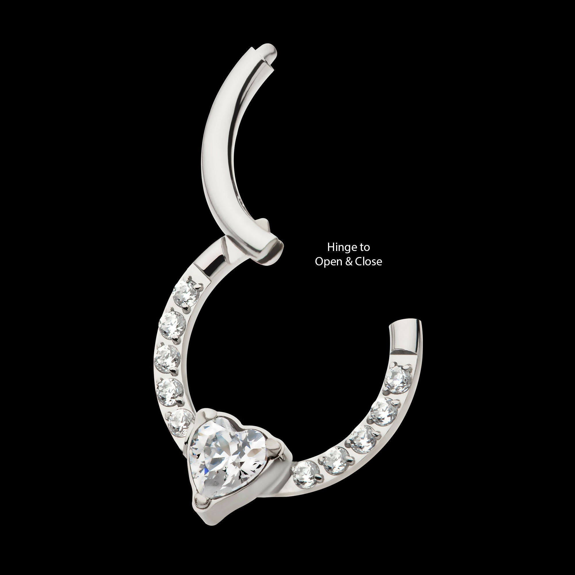 1mm CNC Set Full Clear CZ & Big Heart CZ Front Facing Hinged Segment Clicker Hoop Earring / Nosering – Titanium