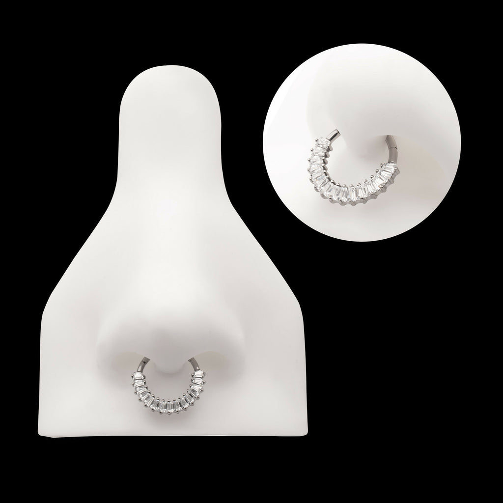 Pronged Baguette CZ Cluster Front Facing Hinged Segment Clicker Hoop Earring / Nosering – Titanium