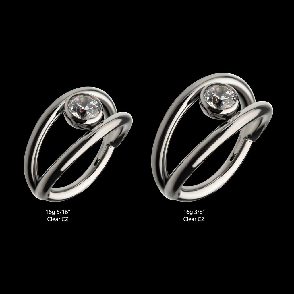 Double Hoop with Bezel Set Round Gem Side Facing Hinged Segment Clicker Earring / Nosering – Titanium