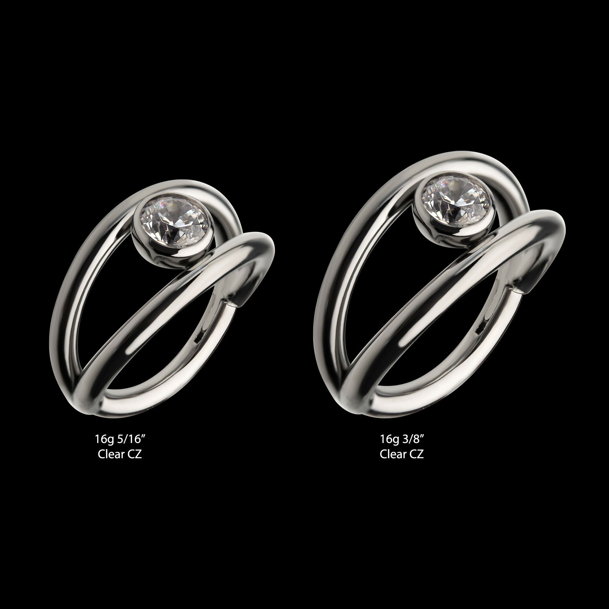 Double Hoop with Bezel Set Round Gem Side Facing Hinged Segment Clicker Earring / Nosering – Titanium