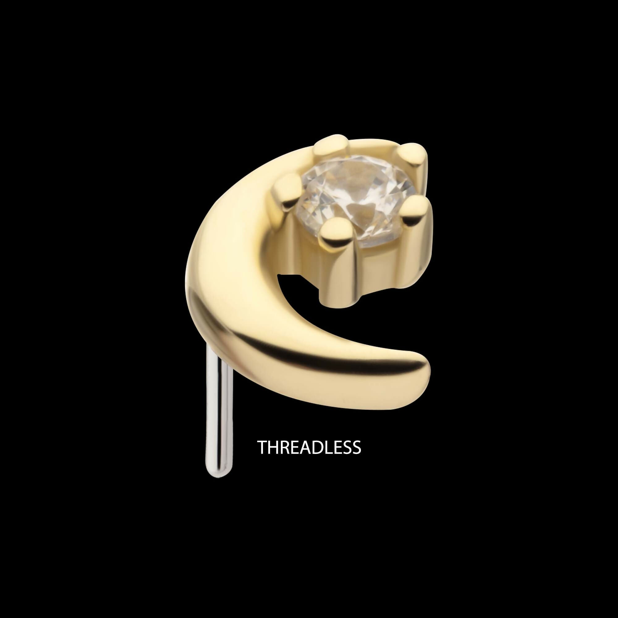 14Kt Gold Threadless Crescent Moon with Round Gem/Opal Top