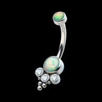 Internally Threaded with Tri Bead Bezel Set Opal & CZ Terraced Cluster Navel Curve Earring / Nosering – Titanium