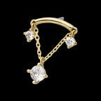 14Kt Gold Threadless Curve Bar Top with Prong Set Gem & Chain Dangle