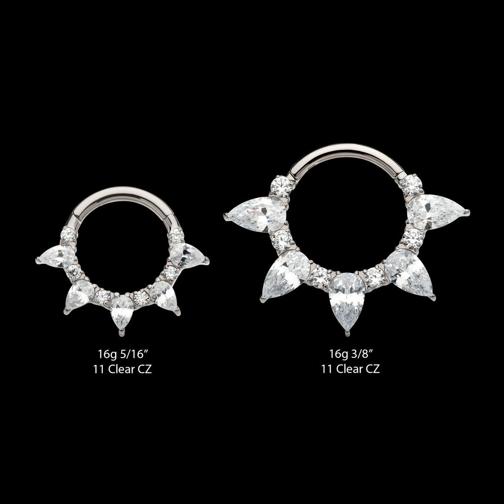 Clustered Prong Set Round & Teardrop CZ Front Facing Hinged Segment Clicker Hoop Earring / Nosering – Titanium
