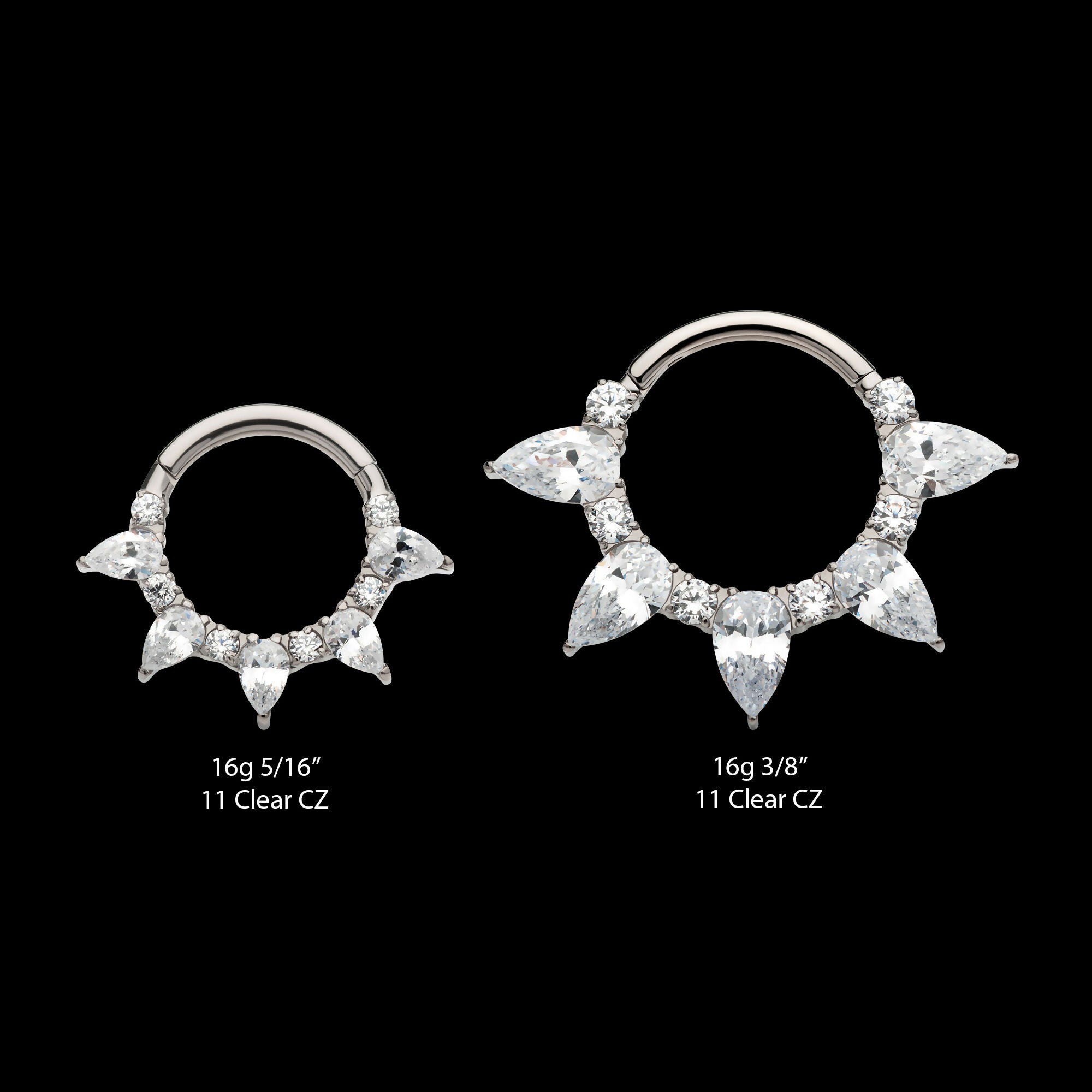 Clustered Prong Set Round & Teardrop CZ Front Facing Hinged Segment Clicker Hoop Earring / Nosering – Titanium