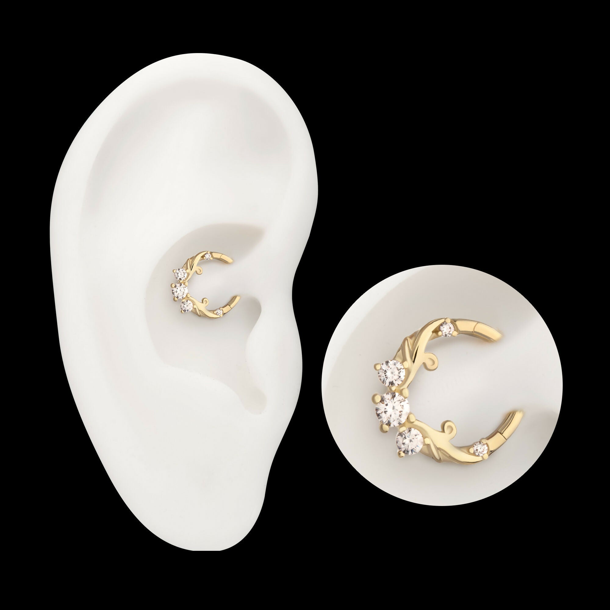 Double Swirled Vine with Prong Set Front Facing Hinged Segment Clicker Hoop Earring / Nosering – 14Kt Yellow Gold
