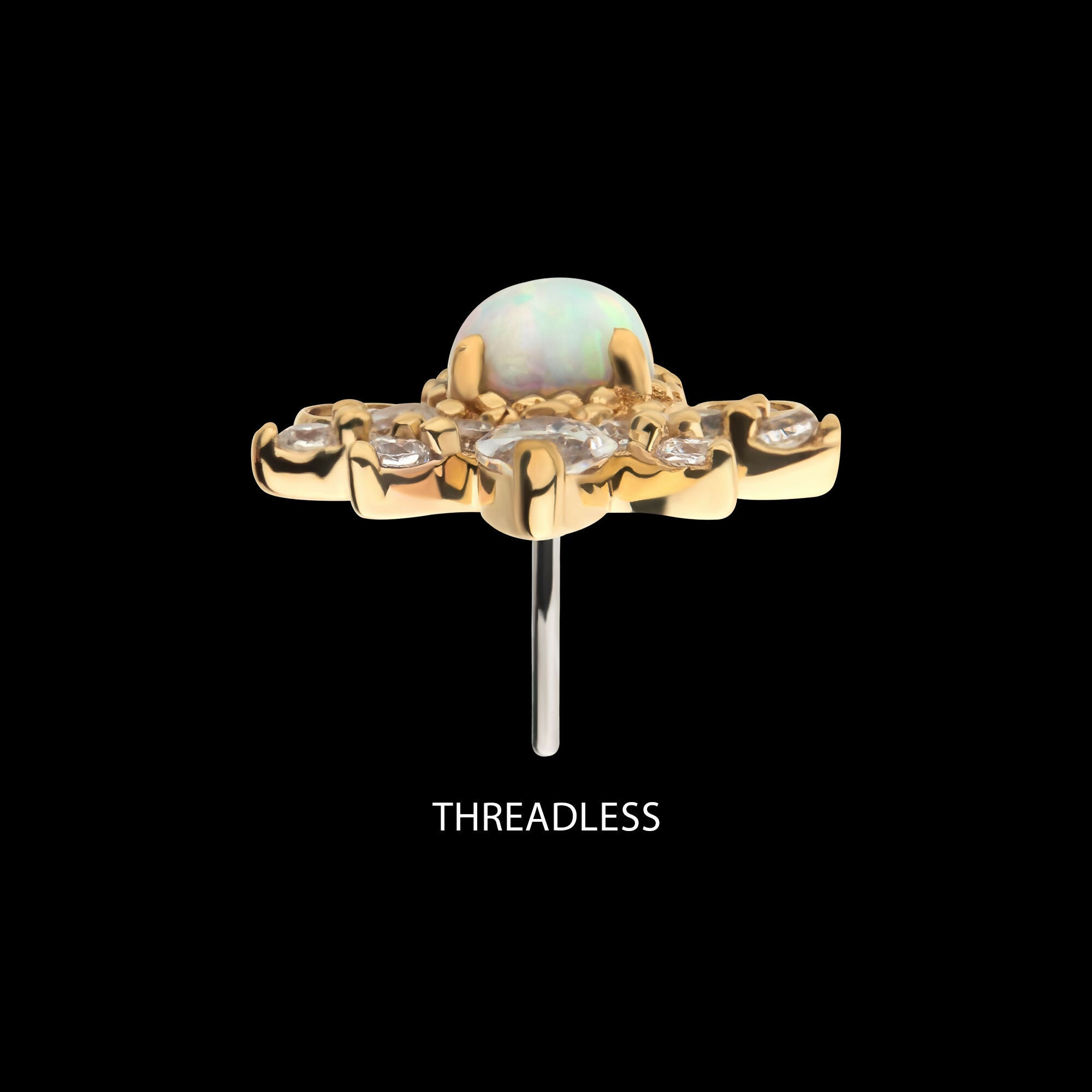 14Kt Yellow Gold Threadless with White Synthetic Opal, Round & Marquise Clear CZ Tiara Cluster Top